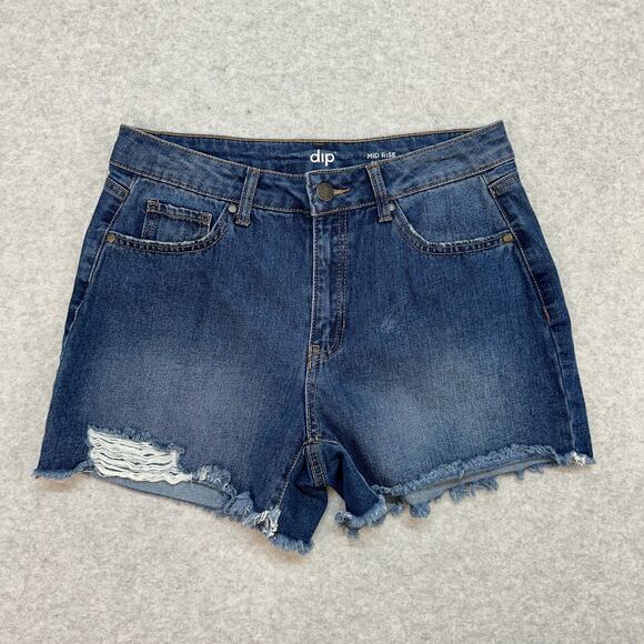 dip Pants - Dip Shorts WMNS 8 Medium Wash Denim Mid Rise Cut-Off Frayed Hem Straight Stretch